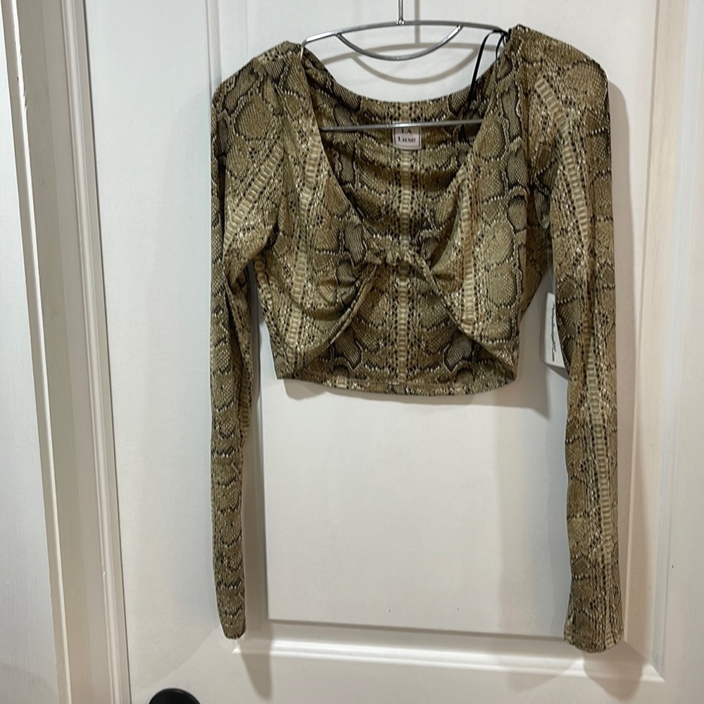 Brown snake print tied long sleep crop top